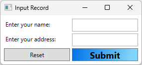 名前とアドレスのラベルが付いた 2 つのテキスト ボックスを含む WPF アプリのスクリーンショット。2 つのボタンが表示されます。1 つのボタンには 