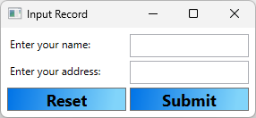 名前とアドレスのラベルが付いた 2 つのテキスト ボックスを含む WPF アプリのスクリーンショット。2 つのボタンが表示されます。1 つのボタンには 