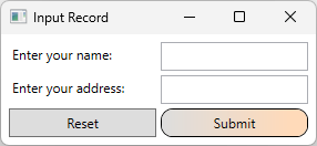 名前とアドレスのラベルが付いた 2 つのテキスト ボックスを含む WPF アプリのスクリーンショット。2 つのボタンが表示されます。1 つのボタンには 