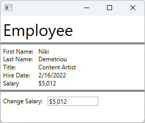 名、姓、役職、採用日、給与など、従業員に関する詳細を表示する WPF ウィンドウ。