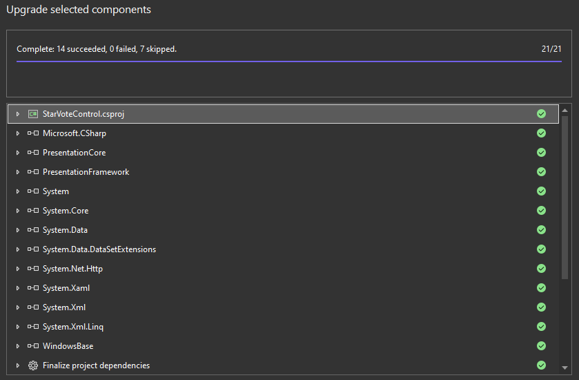 .NET アップグレード アシスタントの [アップグレード結果] タブには、21 項目のうち 7 項目がスキップされました。