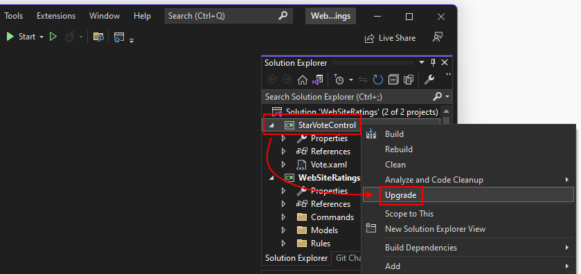 Visual Studio の .NET アップグレード アシスタントの [アップグレード] メニュー項目。