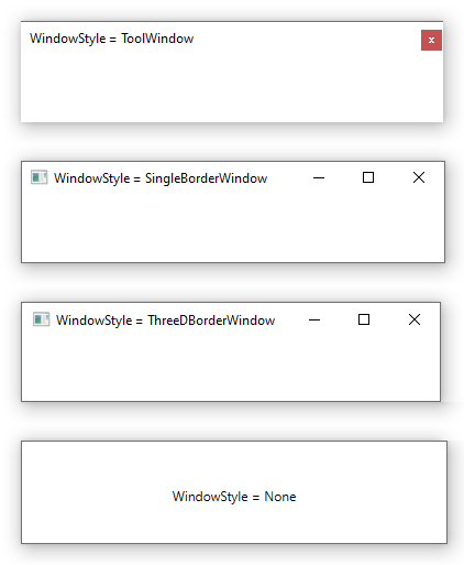 WINDOWStyle が WPF のウィンドウに与える影響を示すスクリーンショット。