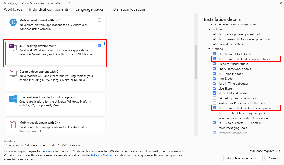 .NET Framework オプションが選択された Visual Studio インストーラー。