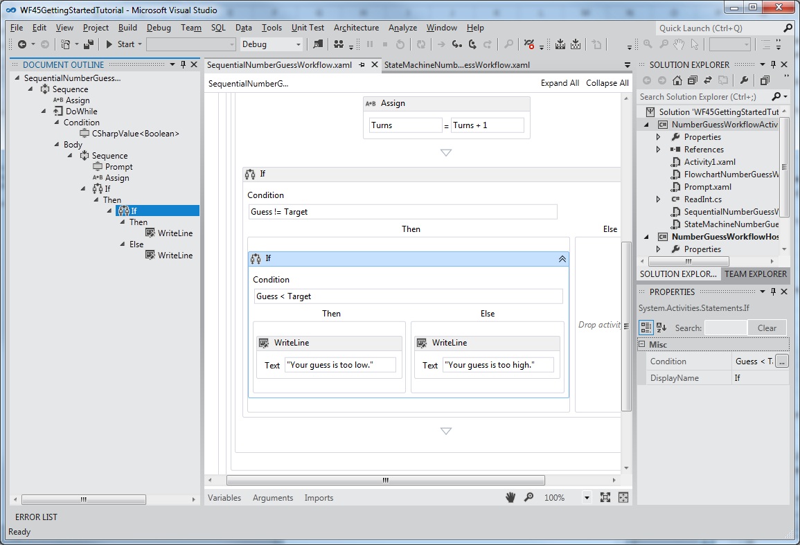 Visual Studio のシーケンシャル ワークフローを含むアウトライン ビューのスクリーンショット