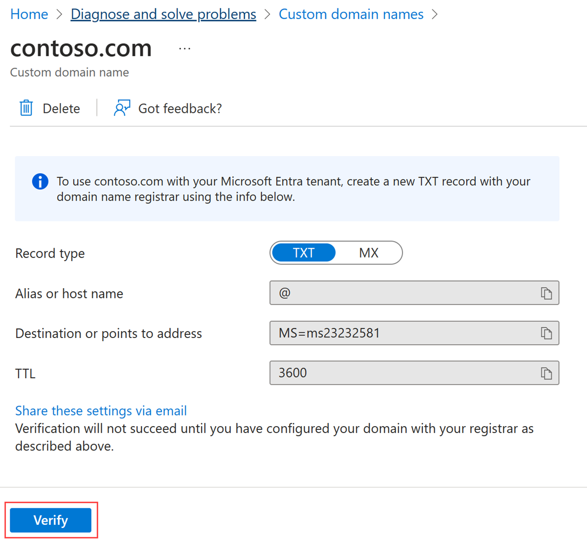 DNS エントリ情報と [確認] ボタンを含む Contoso ページのスクリーンショット。