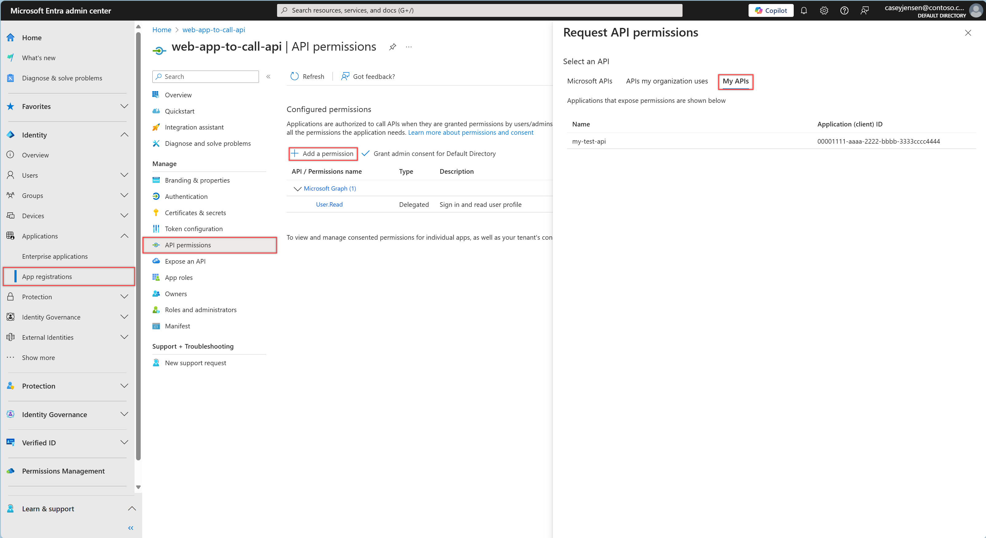 [アプリの登録]、[API のアクセス許可]、[アクセス許可の追加] と [マイ API] のボタンが強調表示されているスクリーンショット。ユーザーが API アクセス許可を要求できるようにします。