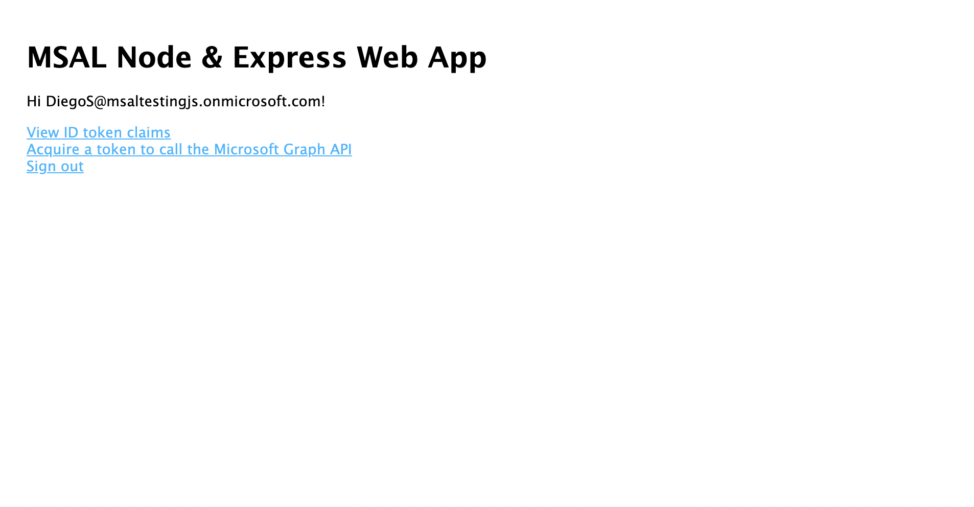 表示されるサインイン後の Web アプリのウェルカム ページ