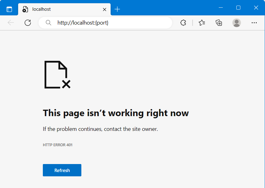 Web ページが起動したときの 401 エラーを示すスクリーンショット。
