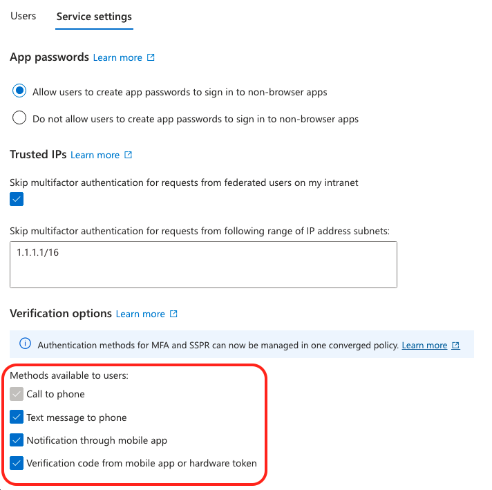 MFA サービス設定のスクリーンショット。