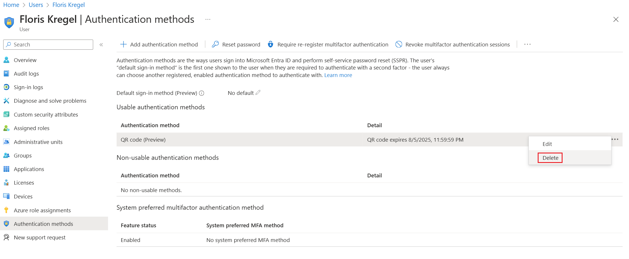 Microsoft Entra 管理センターでユーザーの QR コード認証方法を削除する方法を示すスクリーンショット。