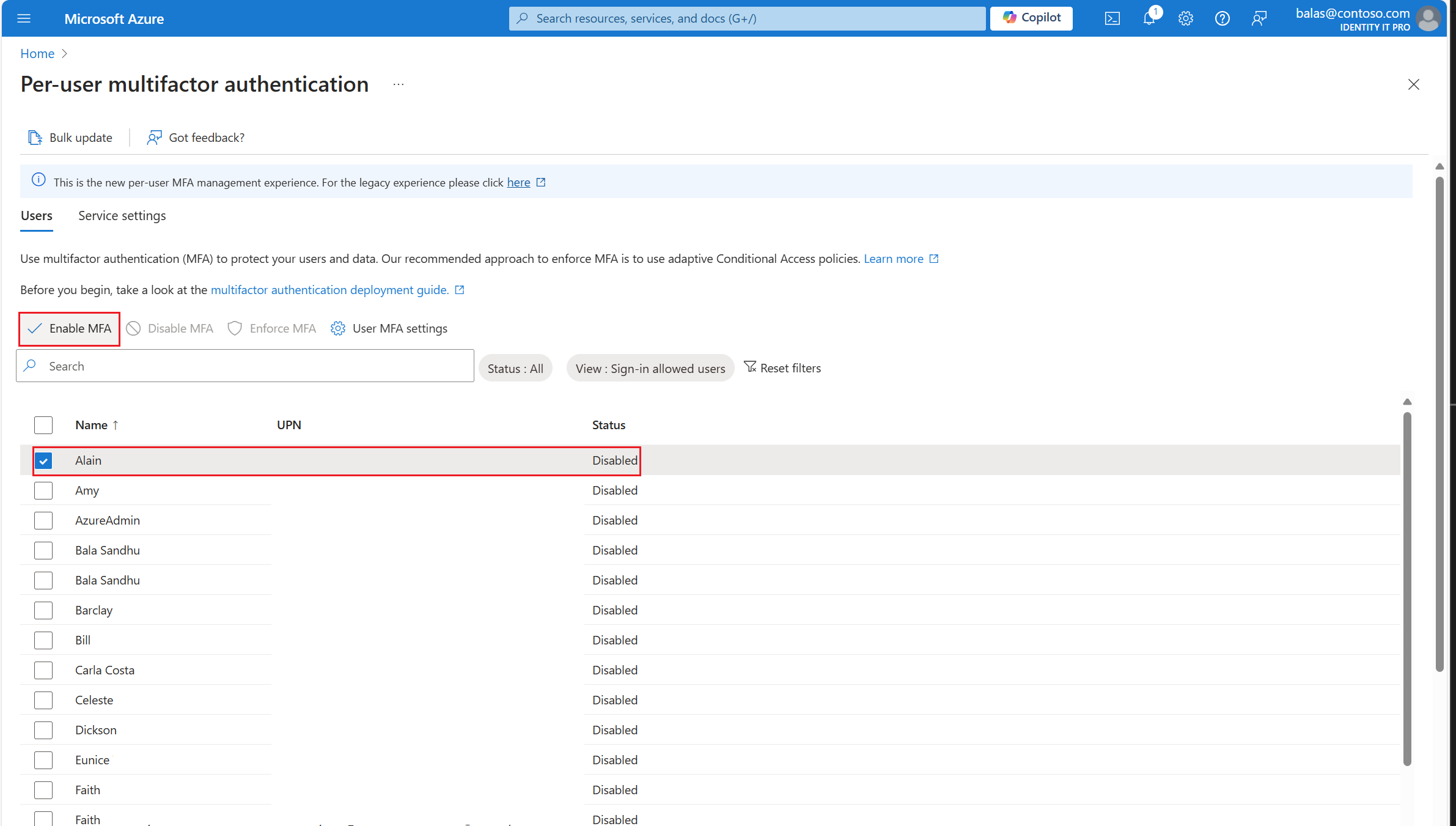 Microsoft Entra 多要素認証のユーザーを有効にする方法を示すスクリーンショット。