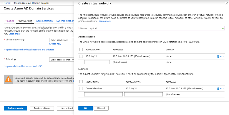 Microsoft Entra Domain Services で使用する仮想ネットワークとサブネットを作成する