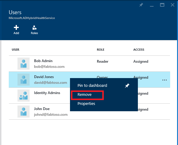 [削除] が強調表示されている、Microsoft Entra Connect Health と Azure RBAC のスクリーンショット