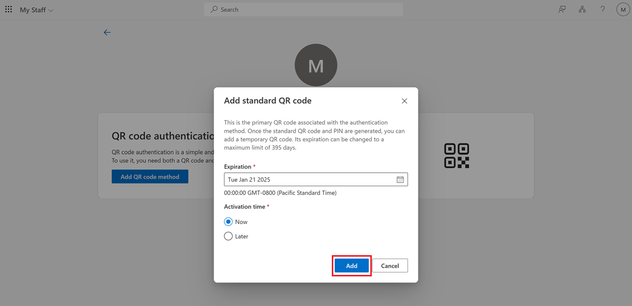QR コード認証方法のアクティブ化日を設定する方法を示すスクリーンショット。
