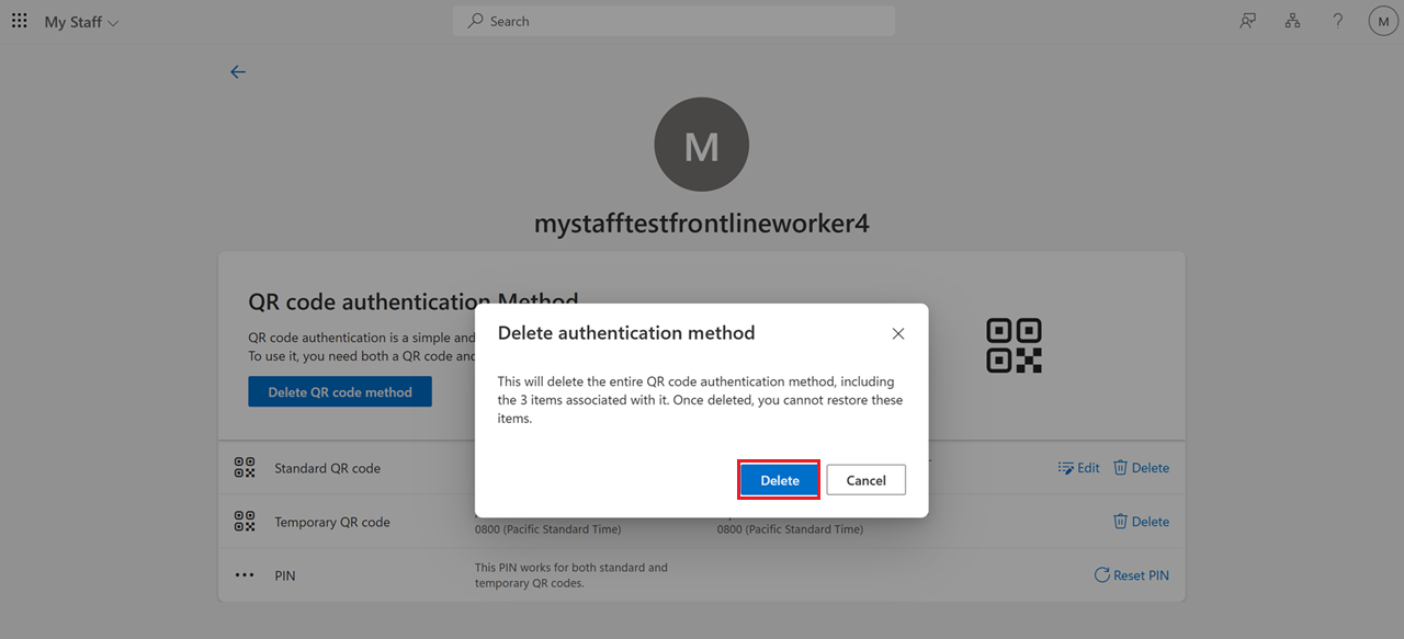 マイ スタッフの QR コード認証方法の削除を確認する方法を示すスクリーンショット。