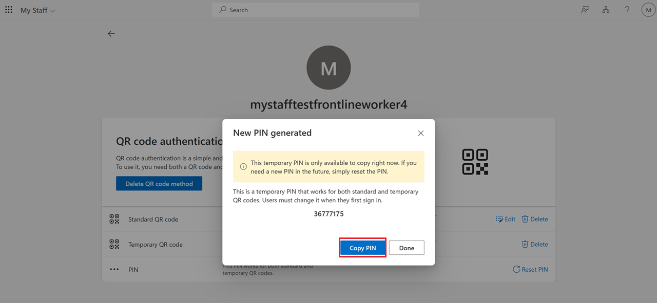 マイ スタッフで PIN をコピーする方法を示すスクリーンショット。