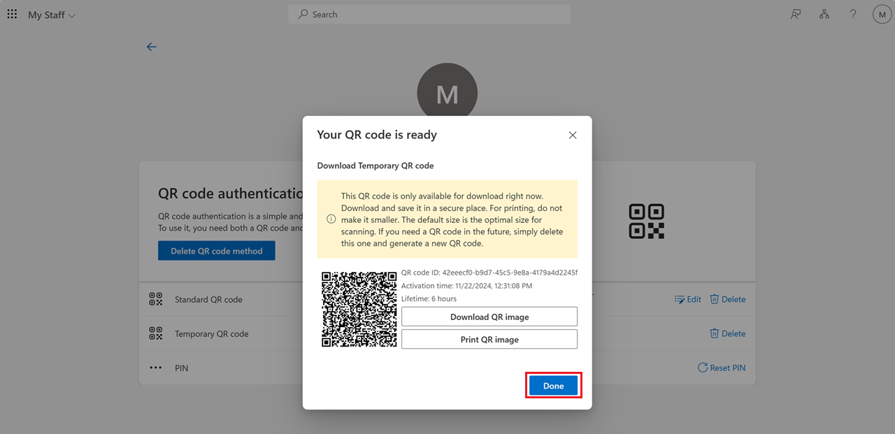 マイ スタッフで一時的な QR コードを表示する方法を示すスクリーンショット。