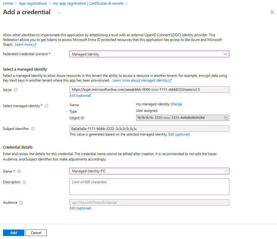 Microsoft Entra 管理センターの資格情報ウィンドウのスクリーンショット。