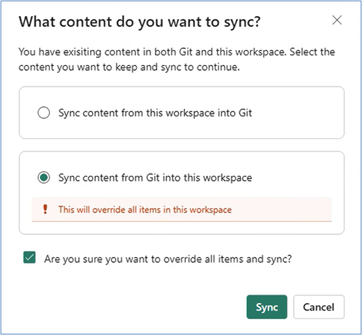 Git とワークスペースの両方にコンテンツがある場合に同期する方向を求めるダイアログのスクリーンショット。