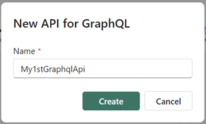 [New API for GraphQL]\(GraphQL 用の新しい API\) ダイアログ ボックスのスクリーンショット。名前を入力して [作成] を選択する場所が示されています。