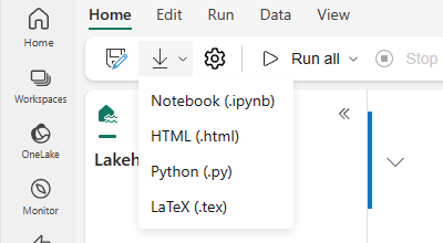 Notebookをエクスポートする場所を示すスクリーンショット。