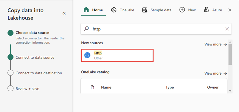 HTTP ソースを選択する場所を示すスクリーンショット。
