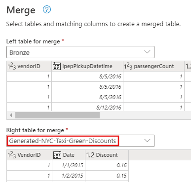 推奨される列マッピングが表示された [マージ] ダイアログの構成を示すスクリーンショット。
