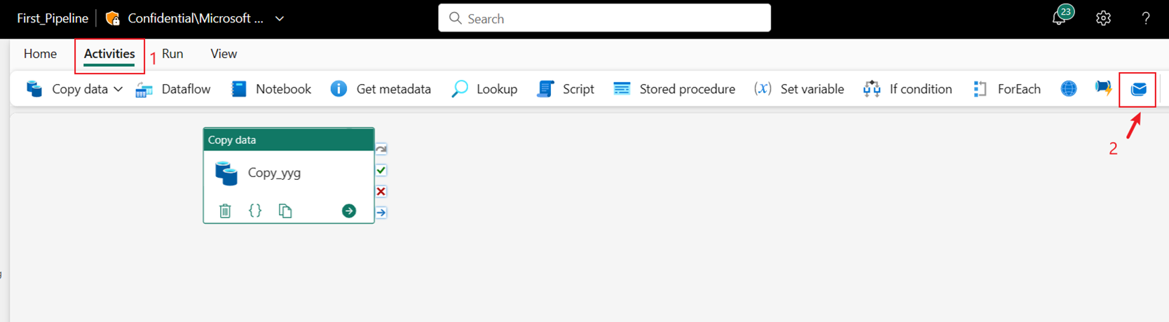パイプライン エディター メニューの [アクティビティ] ツールバーからの Office 365 Outlook アクティビティの選択を示すスクリーンショット。