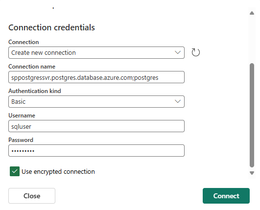 Azure PostgreSQL データベース コネクタの [接続資格情報] セクションを示すスクリーンショット。