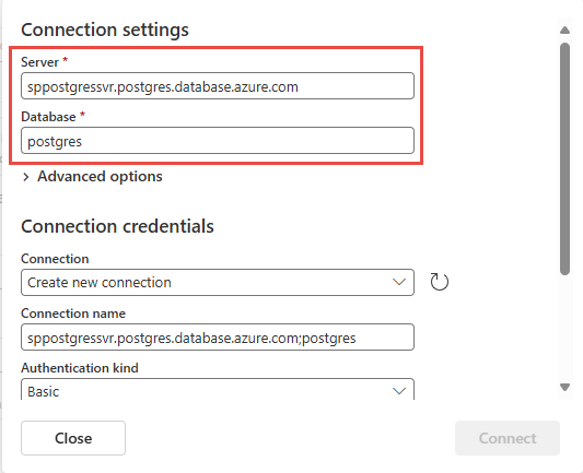 Azure PostgreSQL データベース コネクタの [接続設定] セクションを示すスクリーンショット。