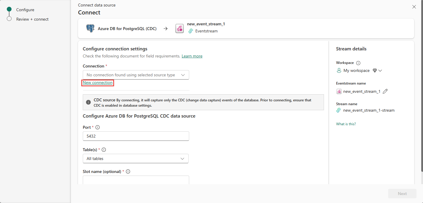 新しい接続リンクが強調表示された Azure PostgreSQL データベースの接続ページを示すスクリーンショット。
