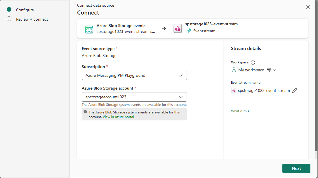 Azure Blob Storage アカウントの接続設定を示すスクリーンショット。