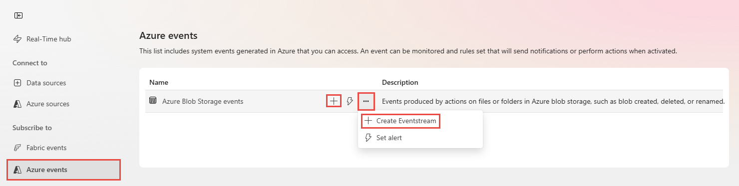リアルタイム ハブの [Azure イベント] ページを示すスクリーンショット。
