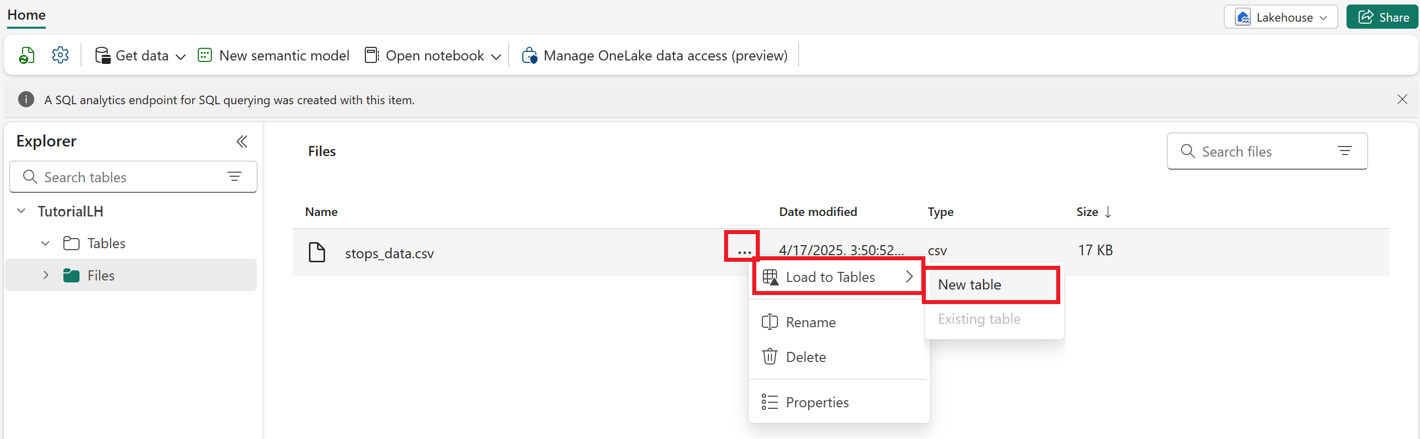 [テーブルに読み込む] オプションを選択している Microsoft Fabric のスクリーンショット。