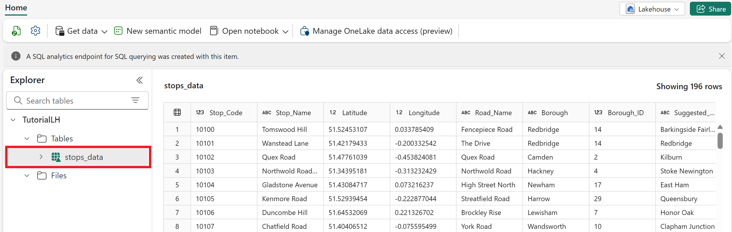 データを含む stops_data テーブルのスクリーンショット。