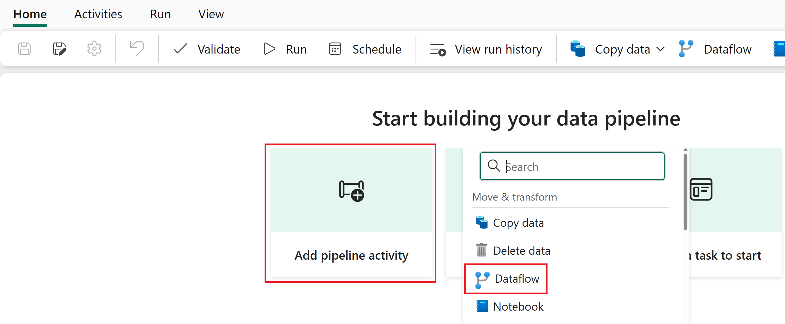 パイプラインにデータフロー アクティビティを追加するスクリーンショット。