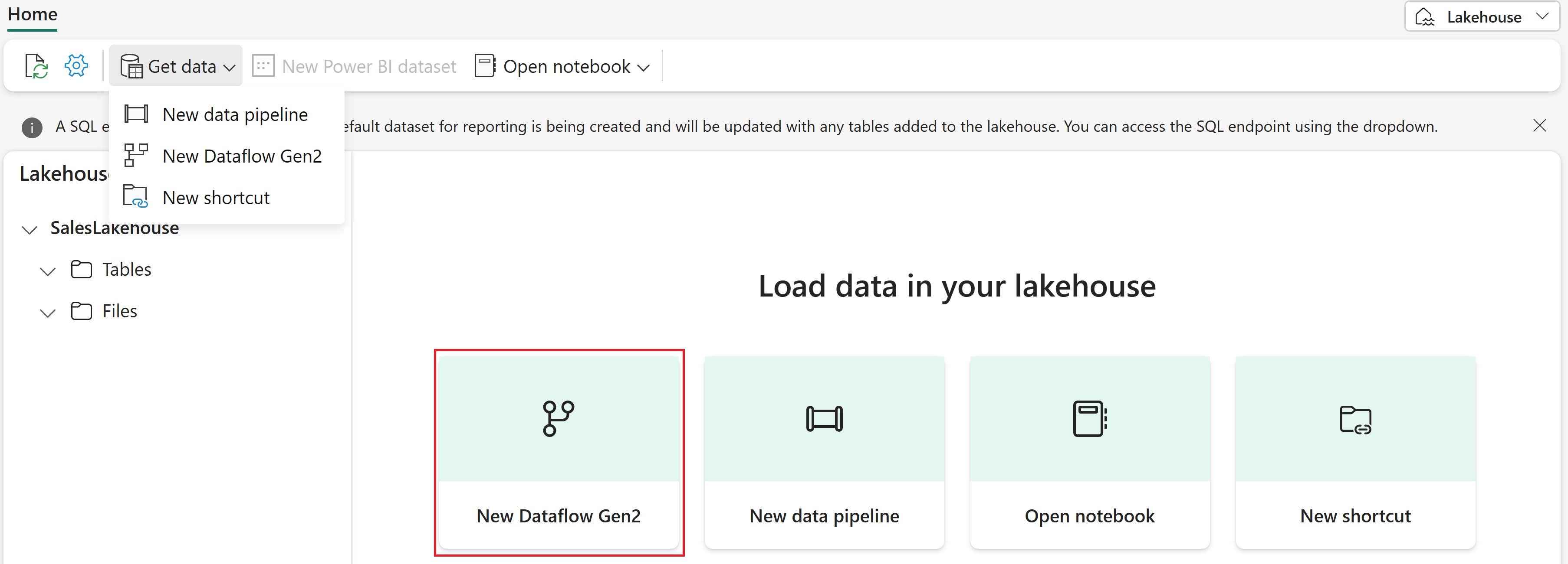 [新しいデータフロー Gen2] が強調表示されている [データの取得] ドロップダウンを示すスクリーンショット。
