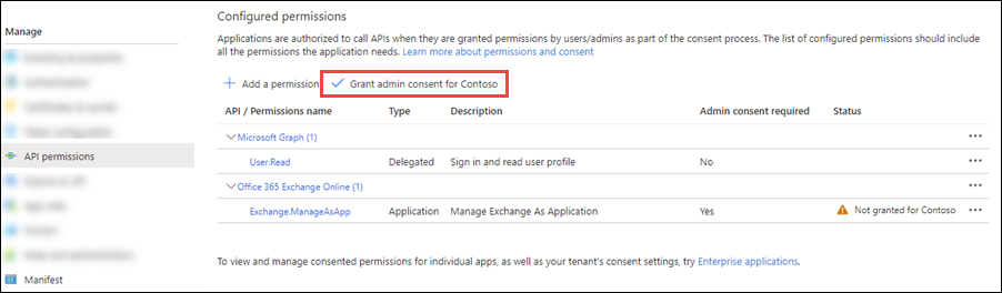 管理同意は必要ですが、Exchange.ManageAsApp のアクセス許可には付与されません。