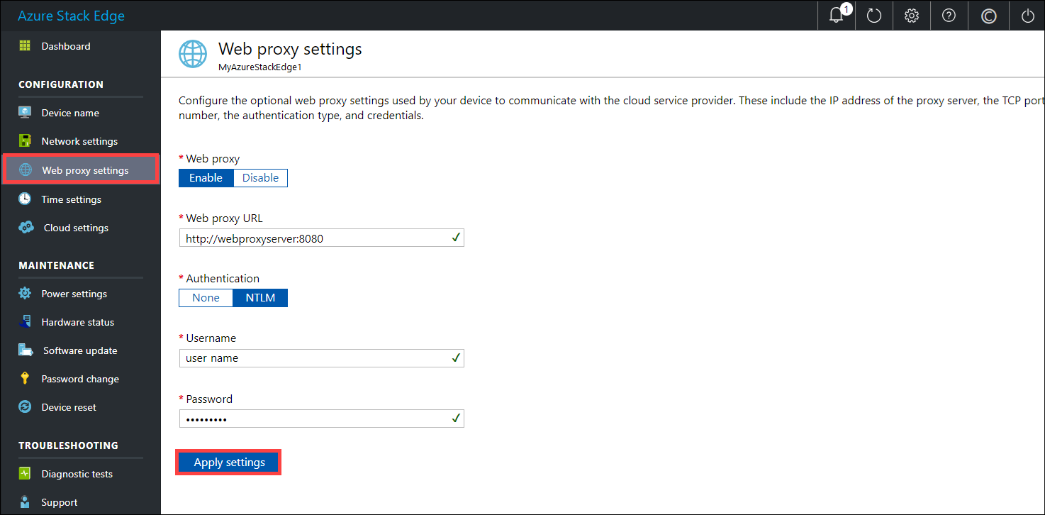 ローカル Web UI の [Web proxy settings] (Web プロキシ設定) ページ