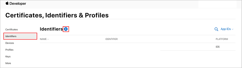 iOS プロビジョニング ポータルの [アプリ ID] ページ
