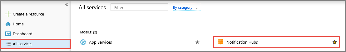 Azure portal - Notification Hubs の選択