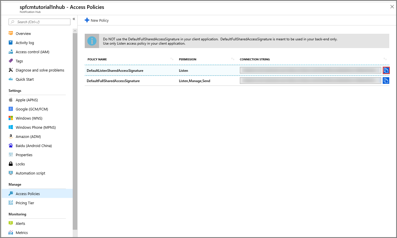 Azure portal - 通知ハブの接続文字列