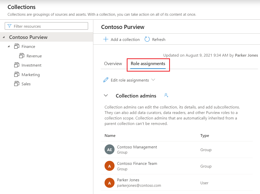 [ロールの割り当て] タブが強調表示された、Data Map に対して開かれた従来の Microsoft Purview ガバナンス ポータル ウィンドウのスクリーンショット。