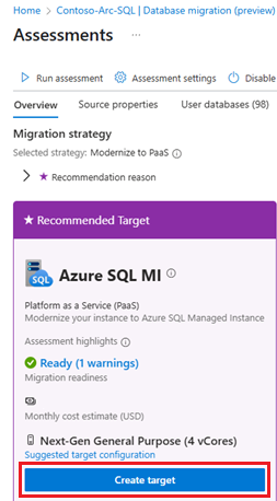 Azure portal の [評価] ページのスクリーンショット。[ターゲットの作成] が強調表示されています。