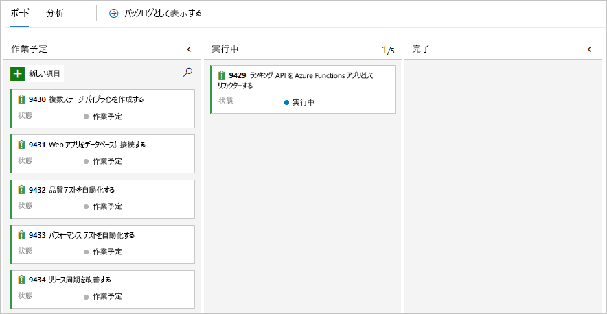 [実行中] 列の作業項目カードが強調表示されている Azure Boards のスクリーンショット。