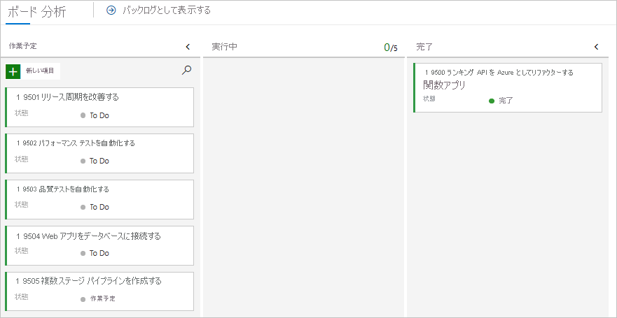 [完了] 列にカードが示されている Azure Boards のスクリーンショット。