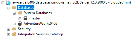 SSMS での SQL Database フォルダーの表示のスクリーンショット。