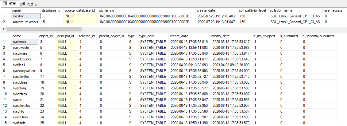 sys.databases と sys.objects の結果のスクリーンショット。