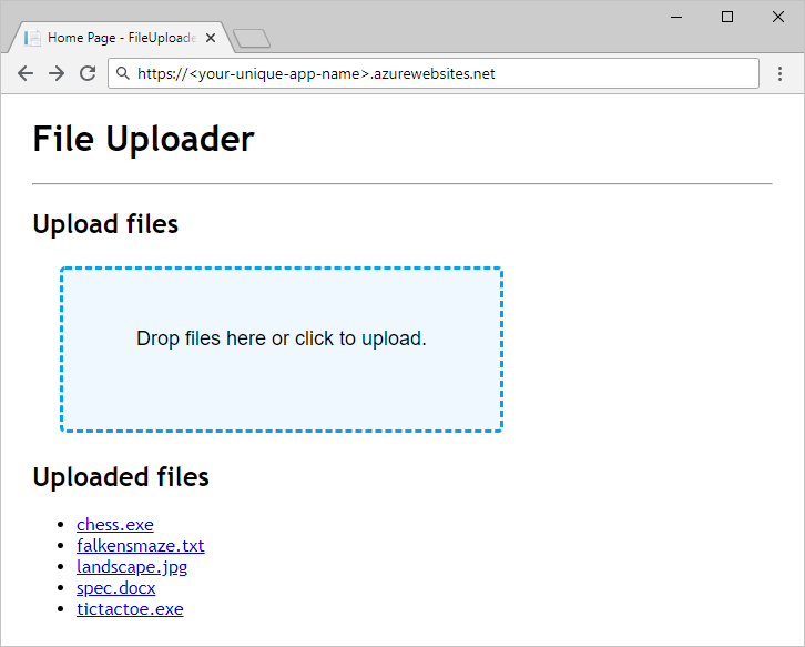 C# 用 FileUploader Web アプリのスクリーンショット。